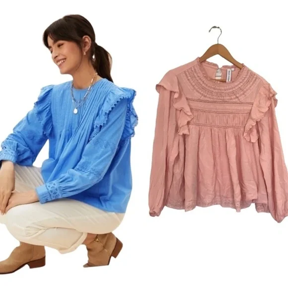 Grace + Karma ruffle crochet babydoll bohemian shirt size L loose fit pink - Picture 1 of 11